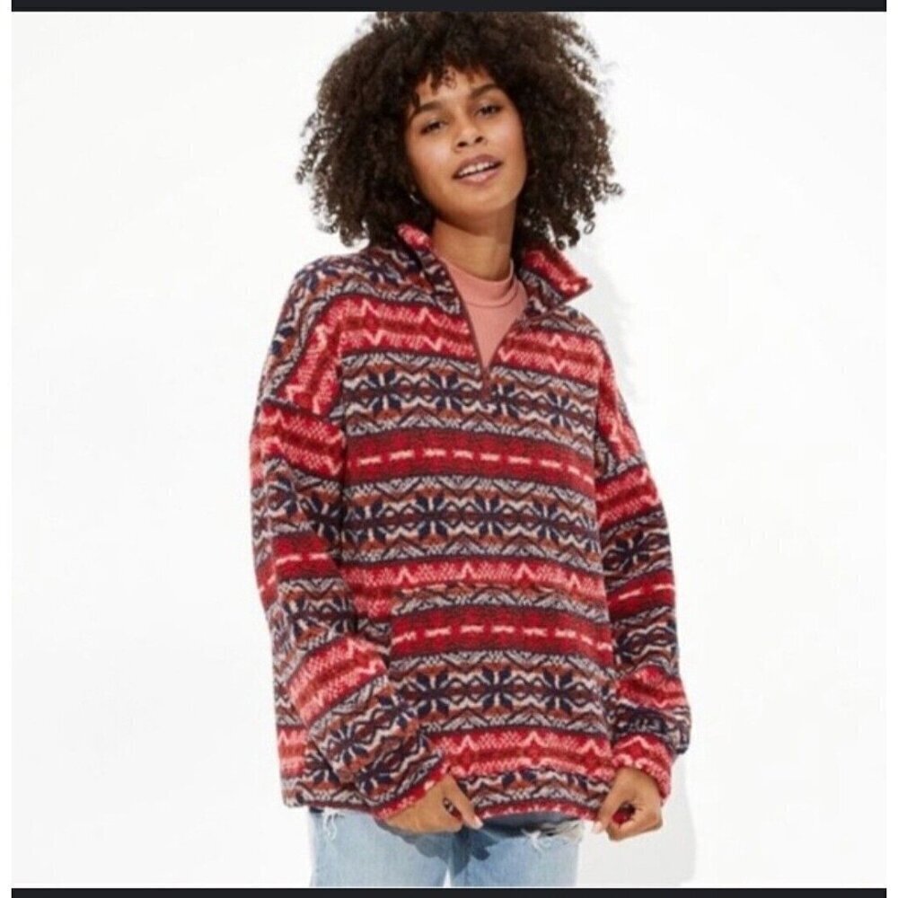 American Eagle AE - Womens Outfitters Fleece Jacket 1/4 Zip - Red Fair Isle - L
